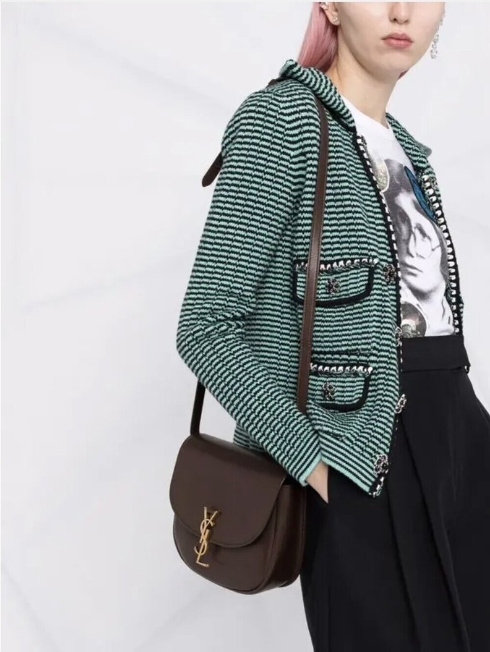 Self-Potrait Green Striped Cotton Wool Knit Spred Collar Cardigan Size M